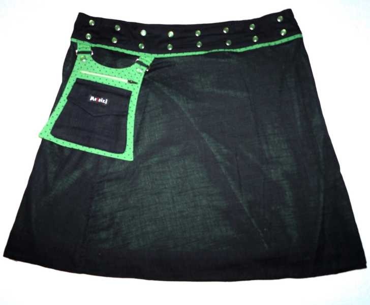 MOSHIKI #10 XL * Black Wave * long 50 cm * bestickte Baumwolle * Wickel-Wende-Rock mit farbigen Druckknöpfen und abnehmbare Hüfttasche schwarz / grün 227/23
