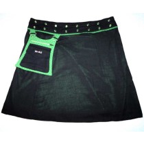 MOSHIKI #10 XL * Black Wave * long 50 cm * bestickte Baumwolle * Wickel-Wende-Rock mit farbigen Druckknöpfen und abnehmbare Hüfttasche schwarz / grün 227/23